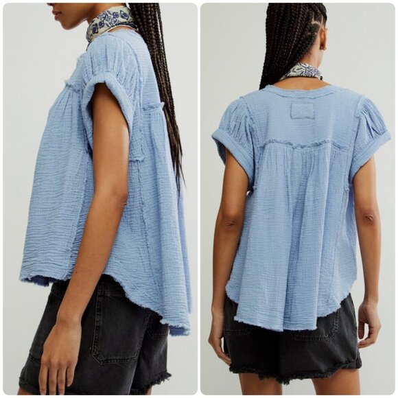 Free People Double Cloth Top Womens Small Blue Gauze Tunic Flowy Bohemian Beach - Picture 2 of 15